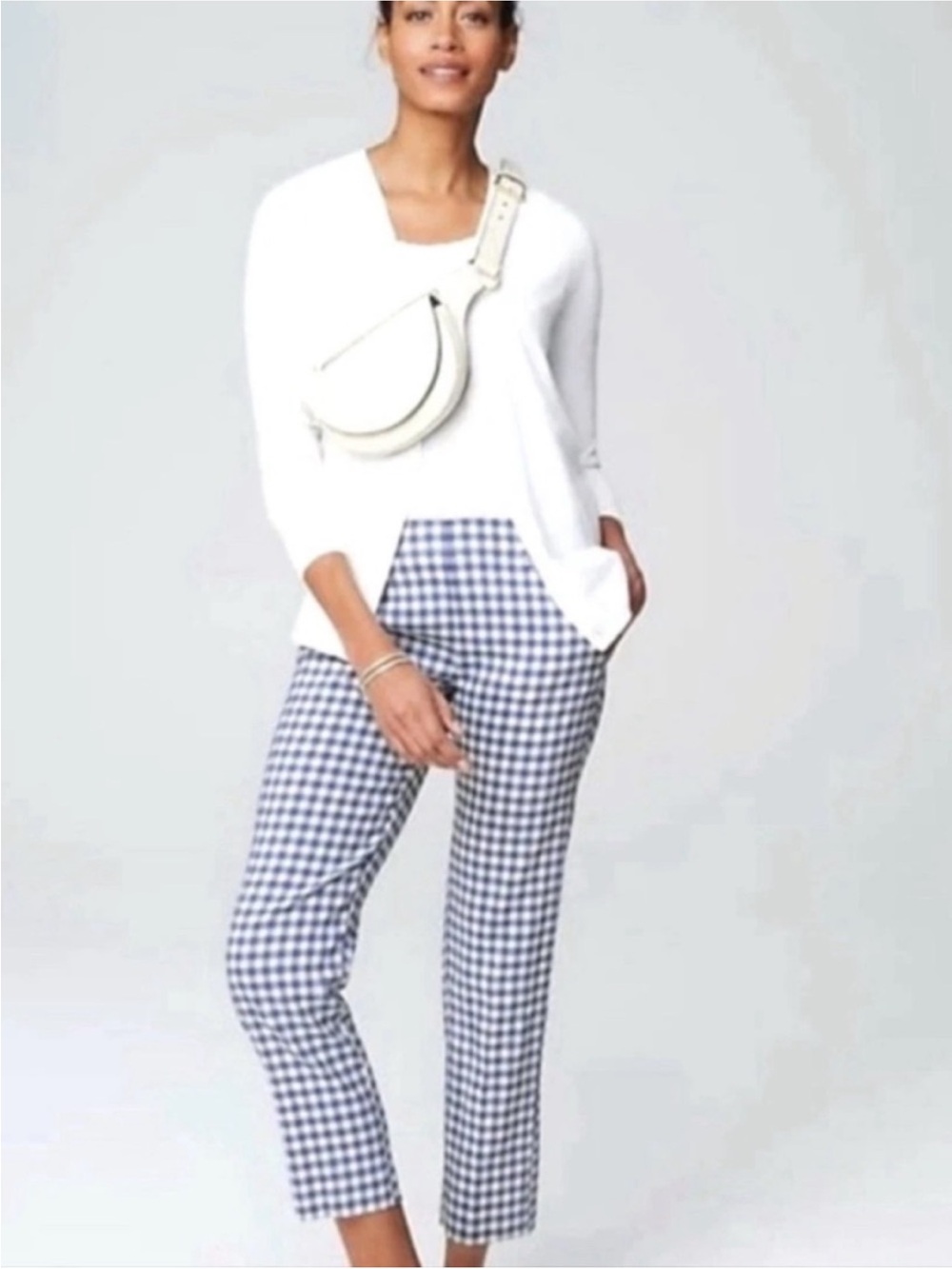 J. Jill Linen Blend Plaid White Blue Ankle Pull On Style Pants, Size LP